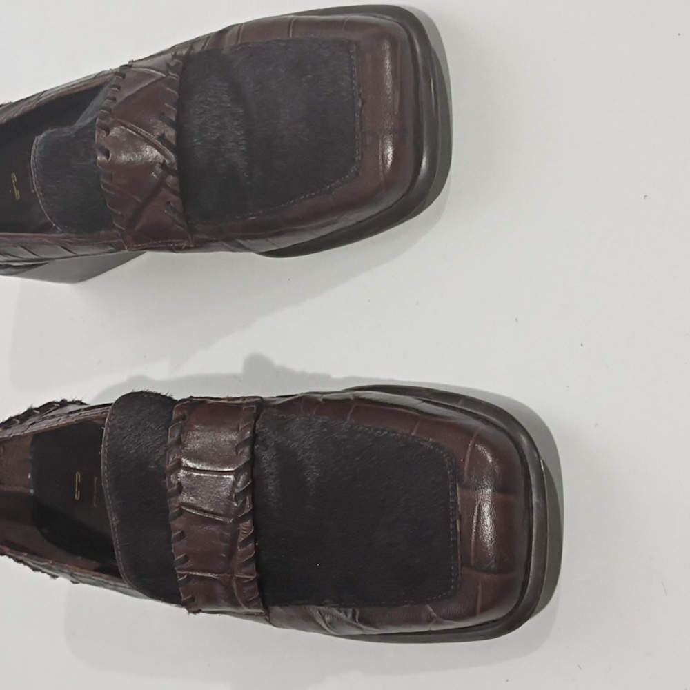 CEM Elegant Brown Leather Loafers with Faux Croc and Calf Hair Square Toe Sz 10M - Picture 7 of 16